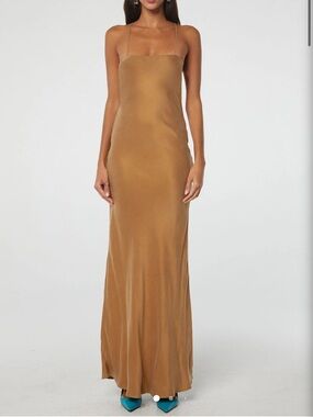 Bias Cut Maxi Slip Dress in Camel Tan